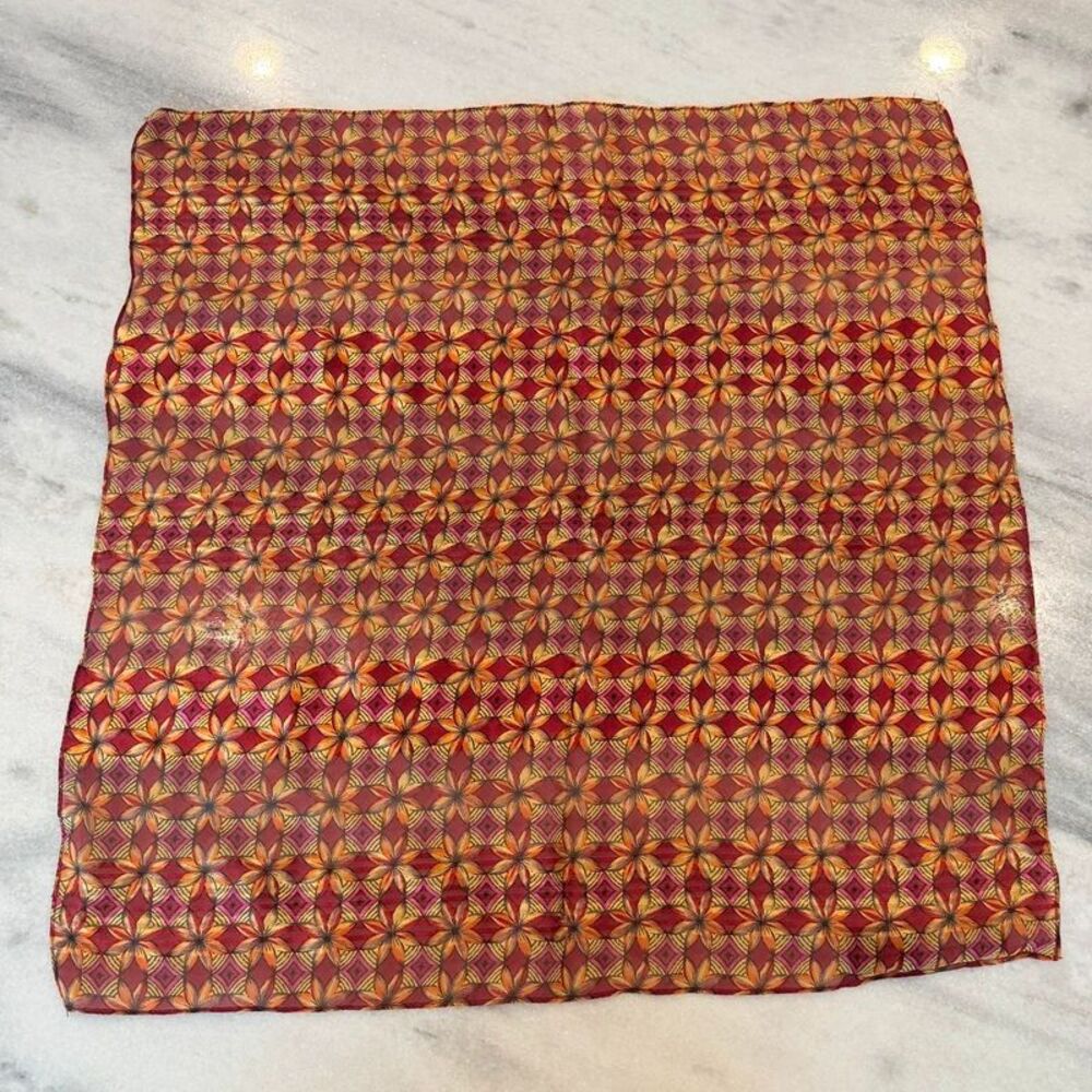 100% Silk Scarf Vintage Vibrant Magenta & Orange Square Geometric Flower Print